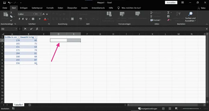 Bildschirmaufnahme, die die Auswahl von Zellen und die Eingabe der RGP-Formel zur Berechnung der linearen Regression demonstriert