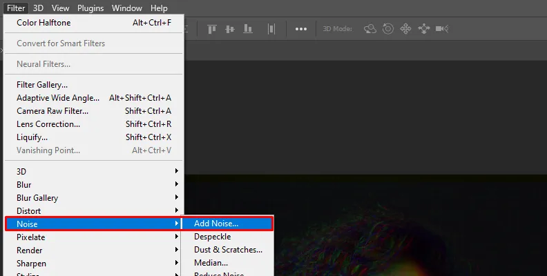 Bildschirmfoto, das das Hinzufügen von Rauschen zu einem Bild in Photoshop zeigt.