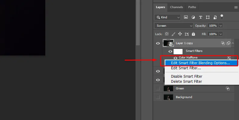 Bildschirmfoto, das die Anpassung der Smartfilter-Deckkraftoptionen in Photoshop zeigt.