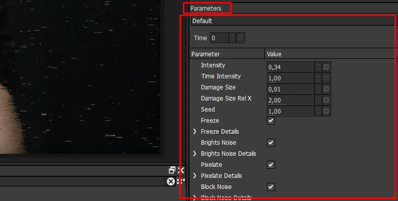Bildschirmfoto, das die Anpassung von Parametern im Boris FX Optics Plugin zeigt.