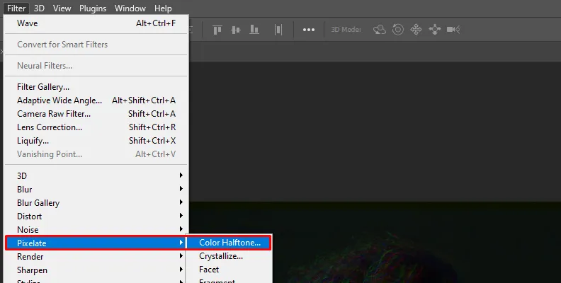 Bildschirmfoto, das die Anwendung des Farbhalftone-Filters in Photoshop zeigt.