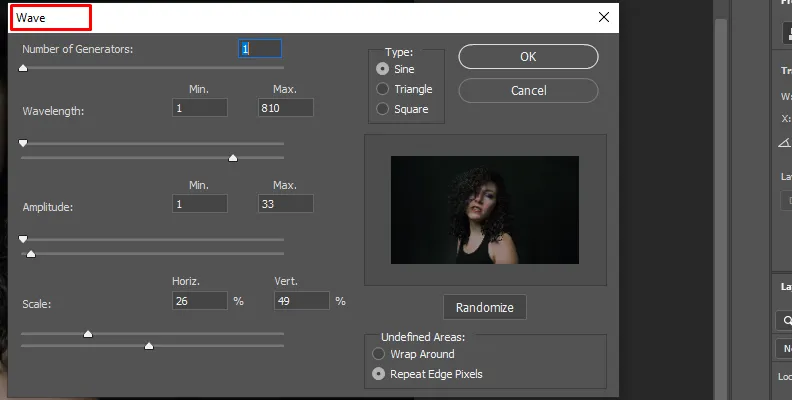Bildschirmfoto, das die Einstellungen des Wellen-Dialogfelds in Photoshop zeigt.