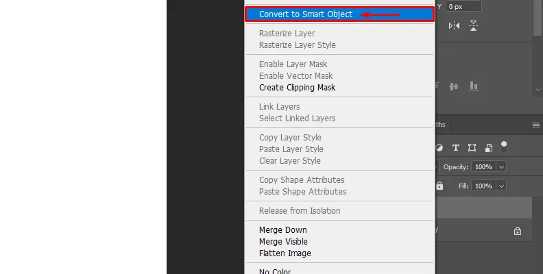 Bildschirmfoto, das die Konvertierung einer Ebene in ein Smartobjekt in Photoshop zeigt.