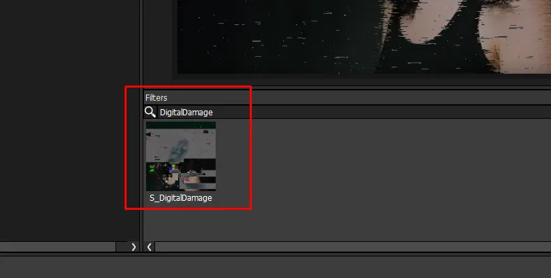 Bildschirmfoto, das die Suche und Anwendung des Digital Damage Effekts in Boris FX Optics zeigt.