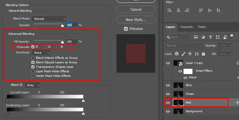 Bildschirmfoto, das die Trennung von RGB-Kanälen in Photoshop zeigt.