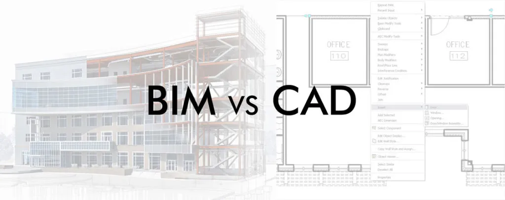 BIM vs. CAD über einem Bild von 3D-Modell und 2D-Zeichnung