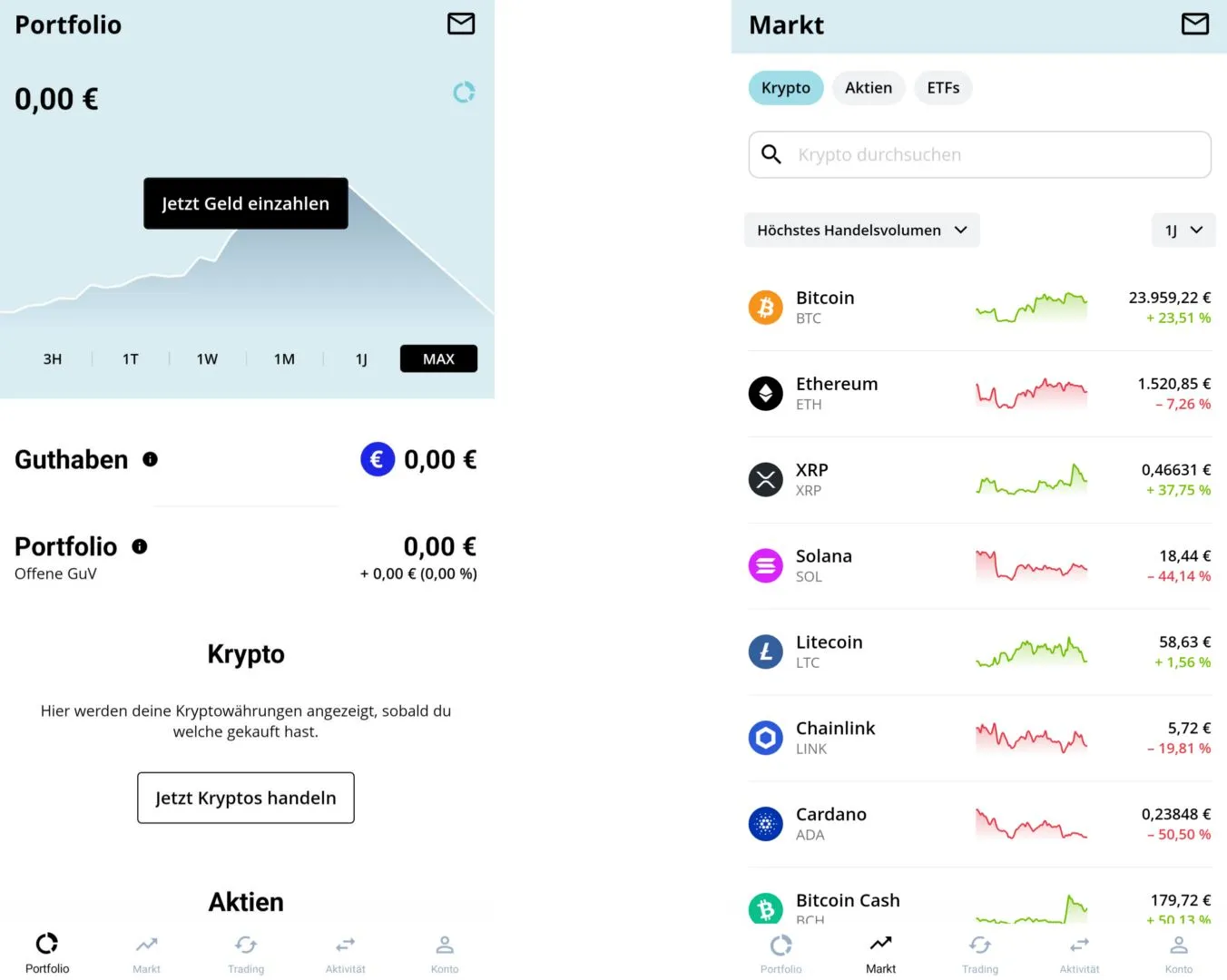Bison App: Darstellung des Krypto-Portfolios und handelbarer Assets
