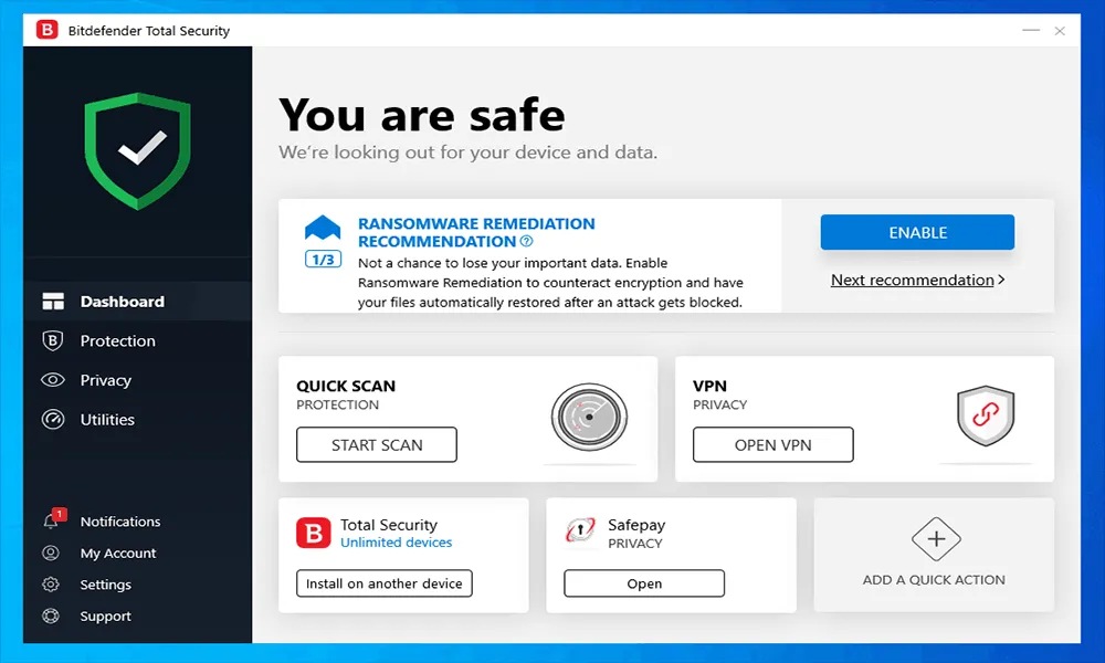 Bitdefender Client-Oberfläche mit Schnellzugriff auf Funktionen