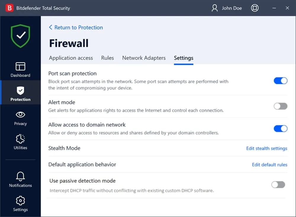 Bitdefender Firewall-Einstellungen Interface Screenshot
