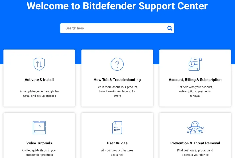 Bitdefender Support-Center Seite
