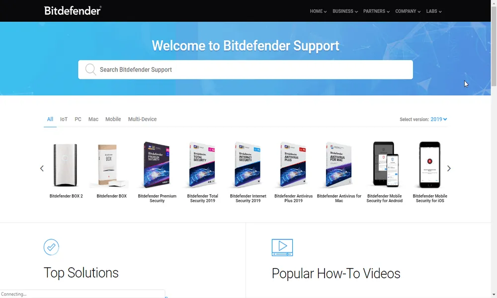 Bitdefender Support-Seite mit verschiedenen Kontaktoptionen
