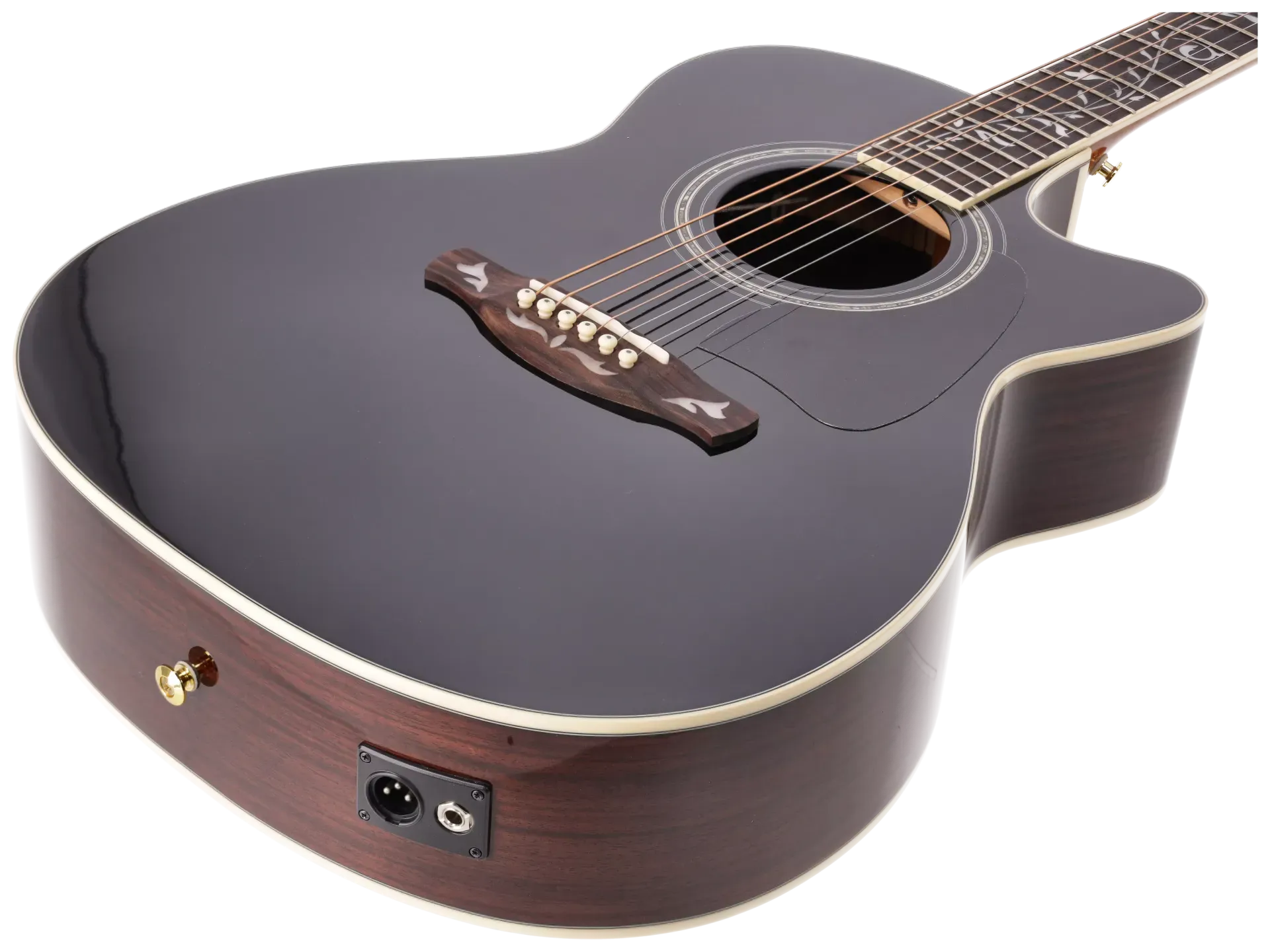 Blick auf den Hals und die Kopfplatte einer schwarzen Akustikgitarre