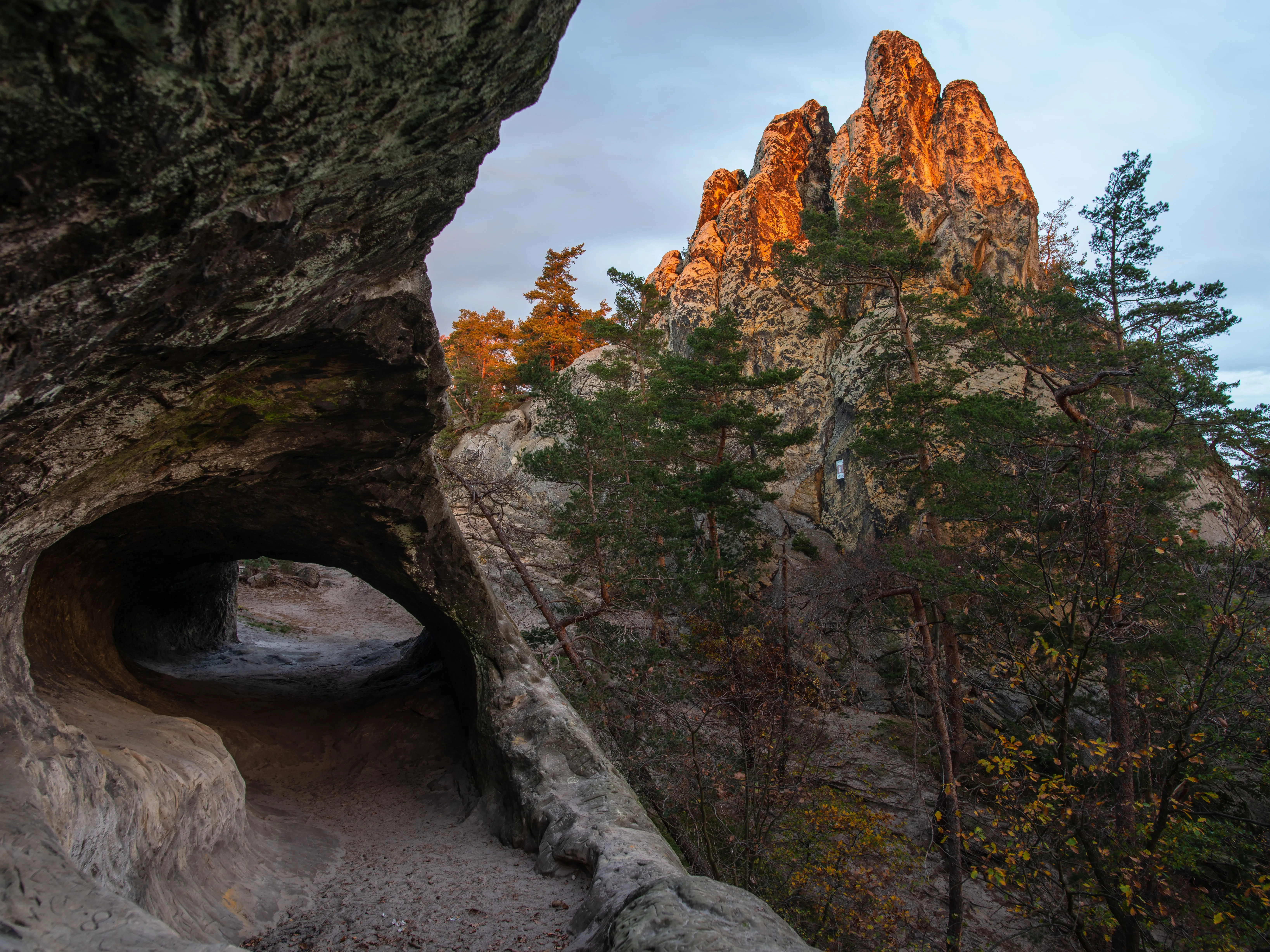 Blick auf die bewaldeten Hügel des Harzes bei Sonnenuntergang, mit einem kleinen See im Tal
