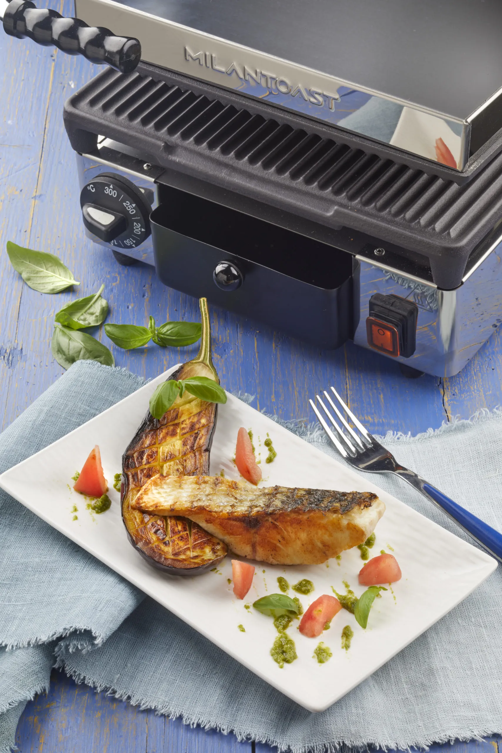 Branzino mit Auberginen, gegrillten Tomaten und Basilikum