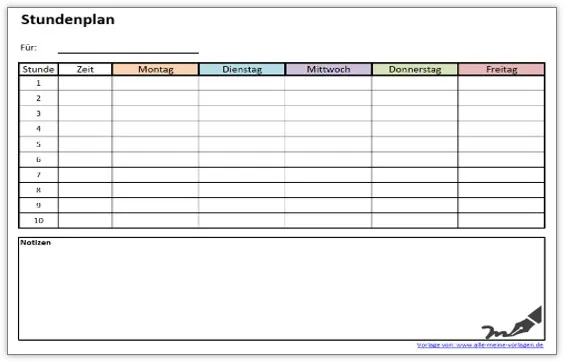 Bunte Stundenplan Vorlage im DIN A4 Querformat zur einfachen Übersicht