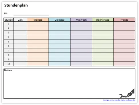 Bunte Stundenplan Vorlage im Querformat für eine ansprechende und übersichtliche Wochenplanung