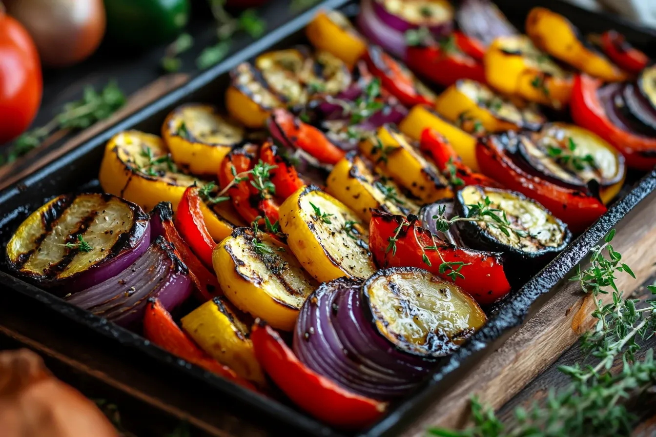 Buntes Grillgemüse auf einem Grillrost mit Grillzange