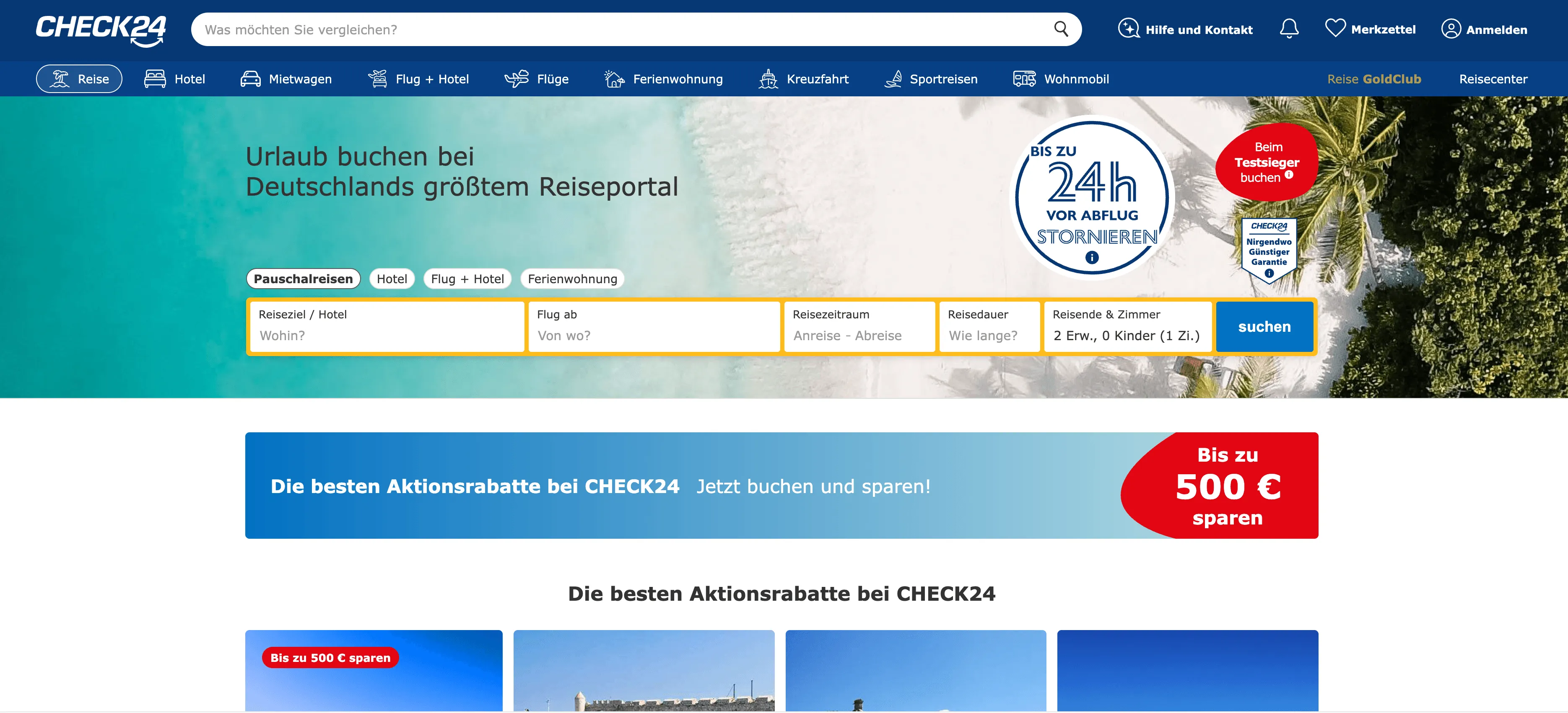 Check24 Reisen Startseite mit Suchfeld und Angeboten