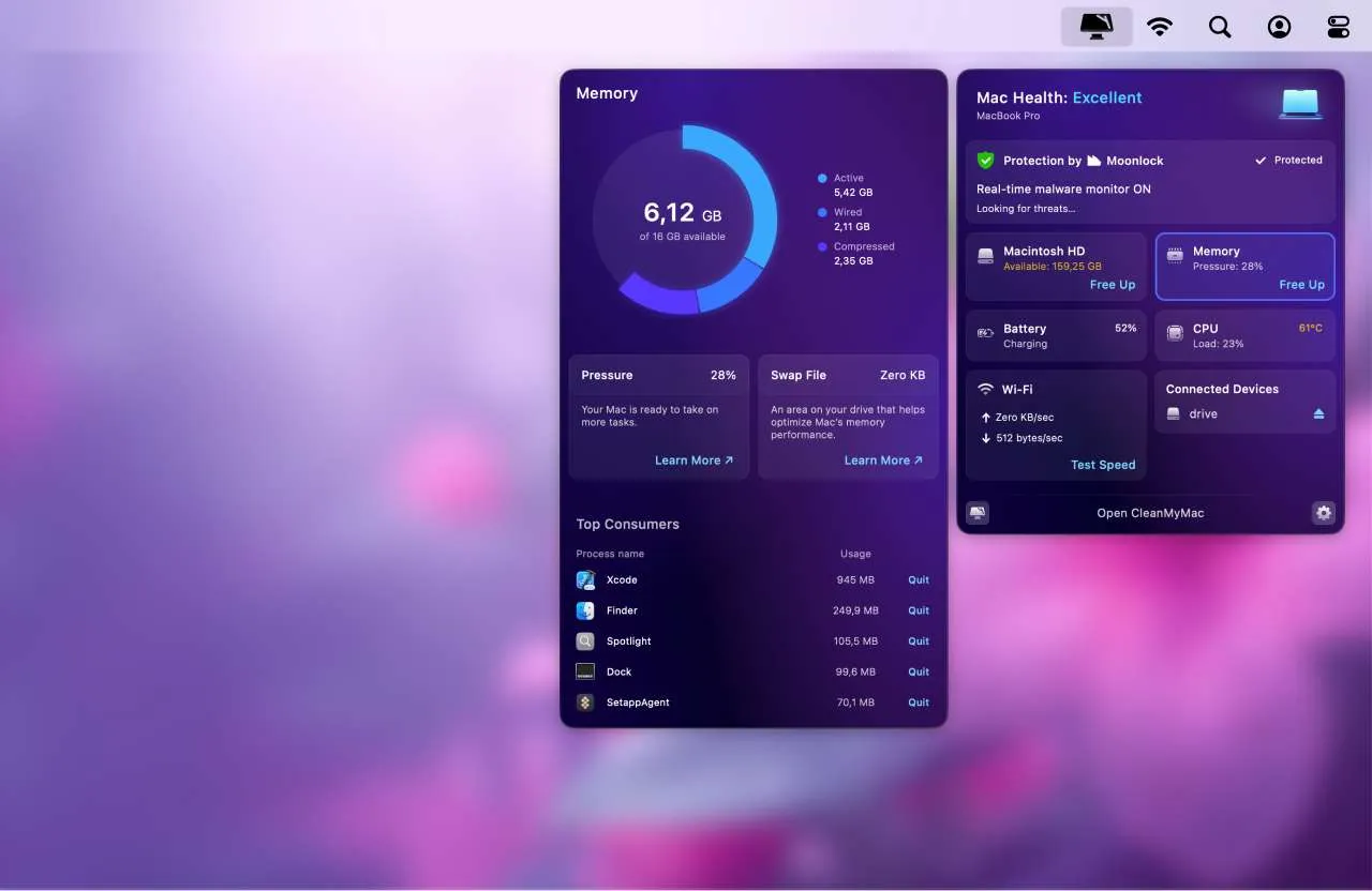 CleanMyMac zeigt Top-Verbraucher im Speicher-Tab