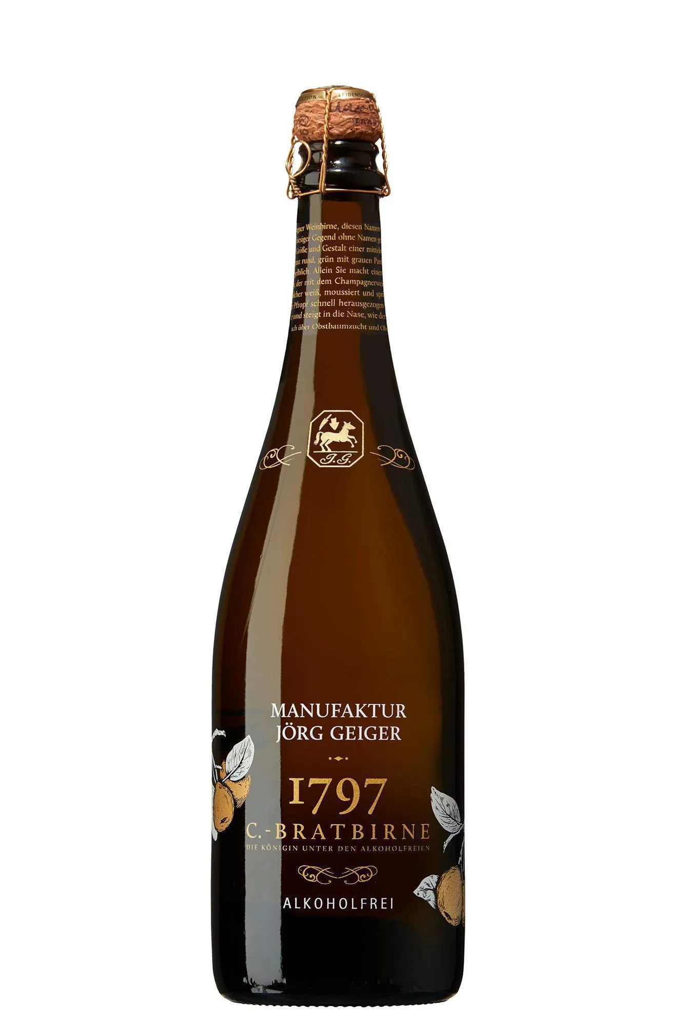 Close-up einer Flasche des alkoholfreien Birnenschaumweins, der die Herkunft aus der Champagner Bratbirne hervorhebt