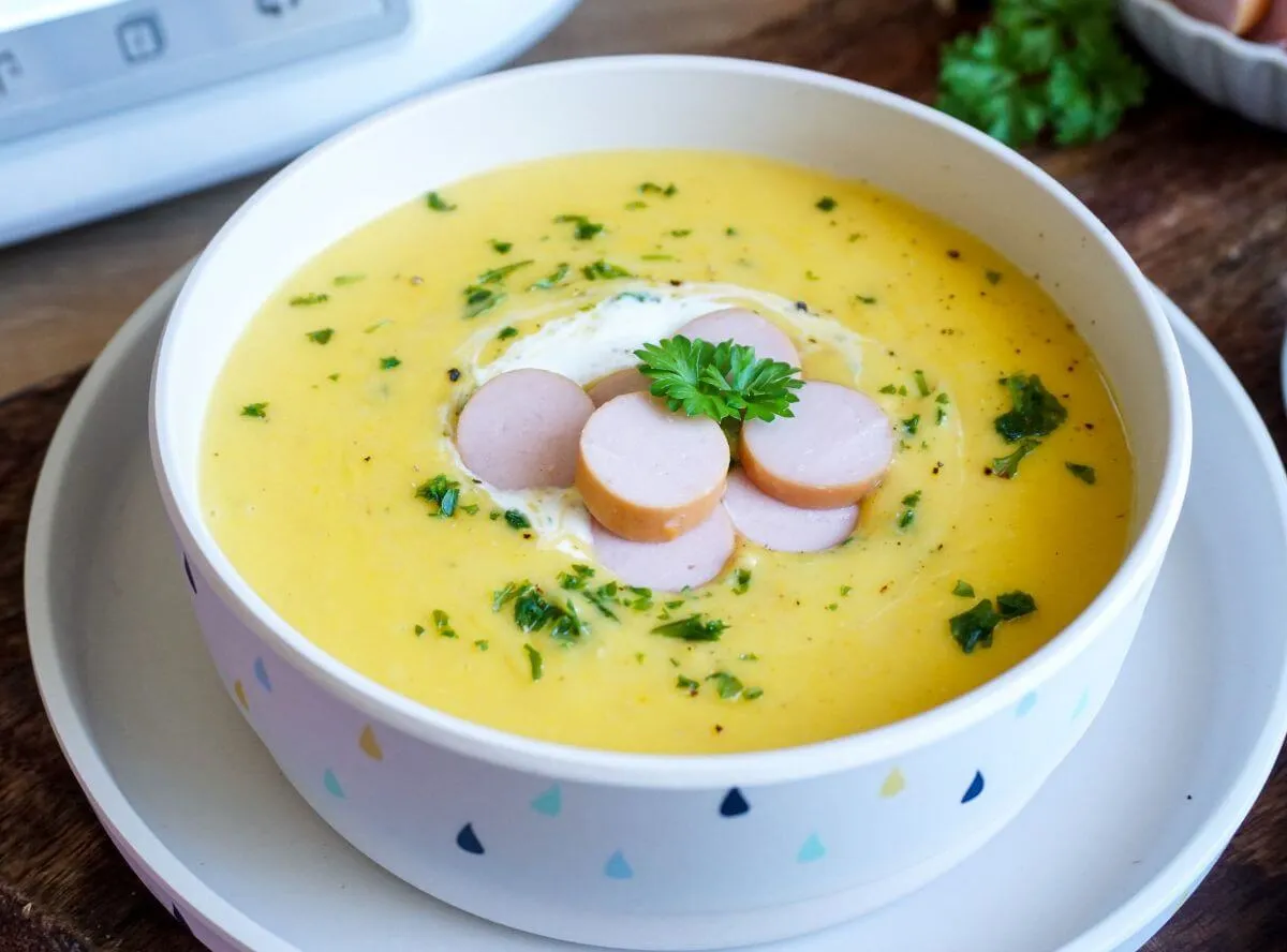 Cremige Kartoffelsuppe im Thermomix zubereitet, garniert mit frischen Kräutern