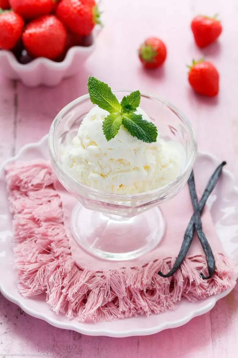 Cremiges Vanilleeis ohne Eismaschine, in einer schönen Form angerichtet und bereit zum Genuss