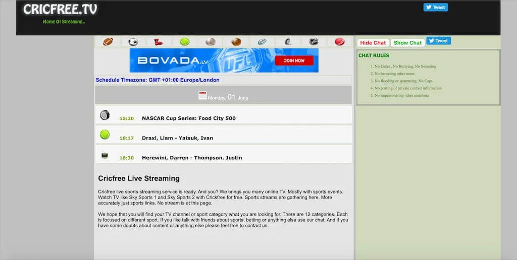 Cricfree Startseite mit Logos verschiedener Sportarten und einer Übersicht kommender Spiele