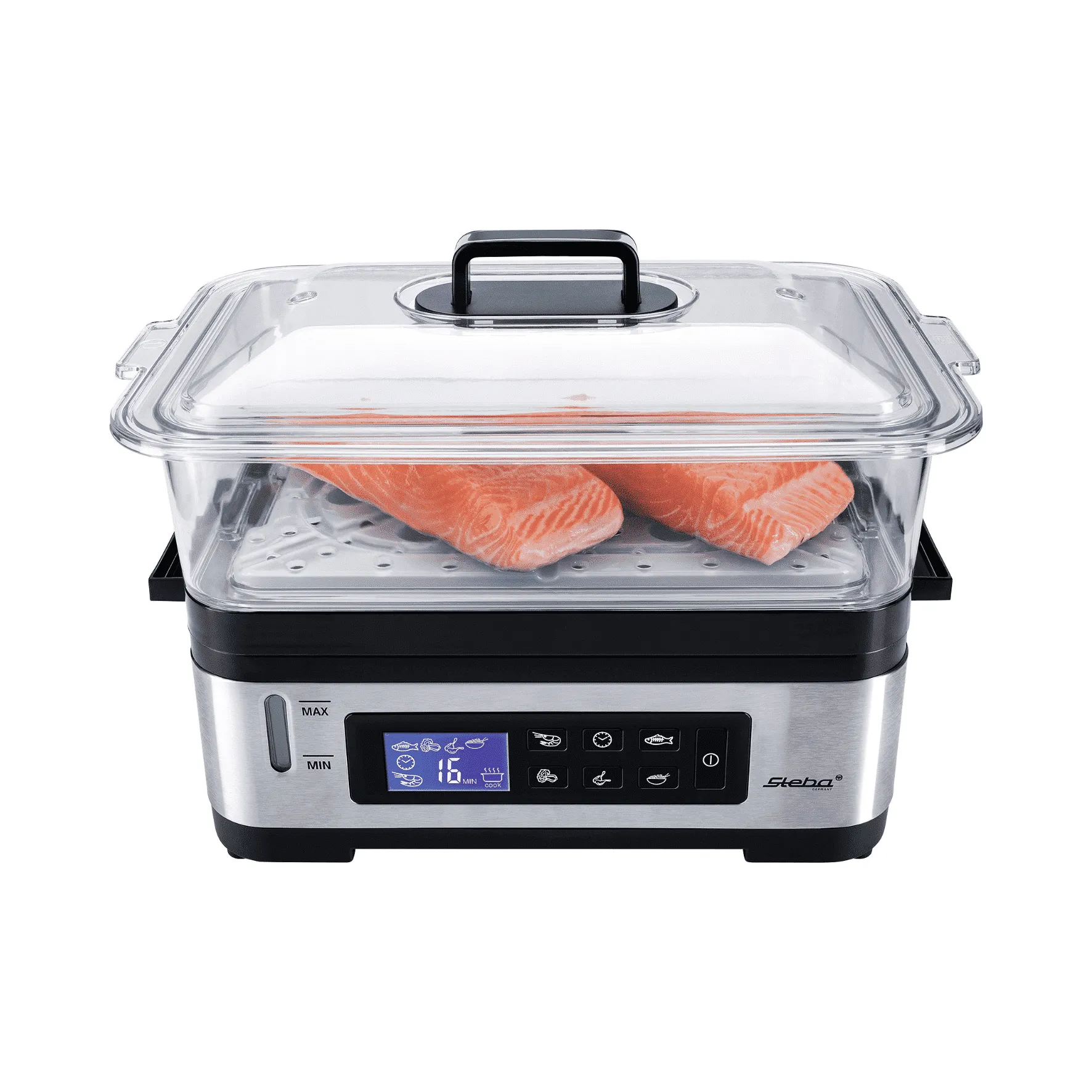 Dampfgarer von Steba mit transparentem Deckel, digitalem Display und zwei Fächern für die Zubereitung von Lebensmitteln.