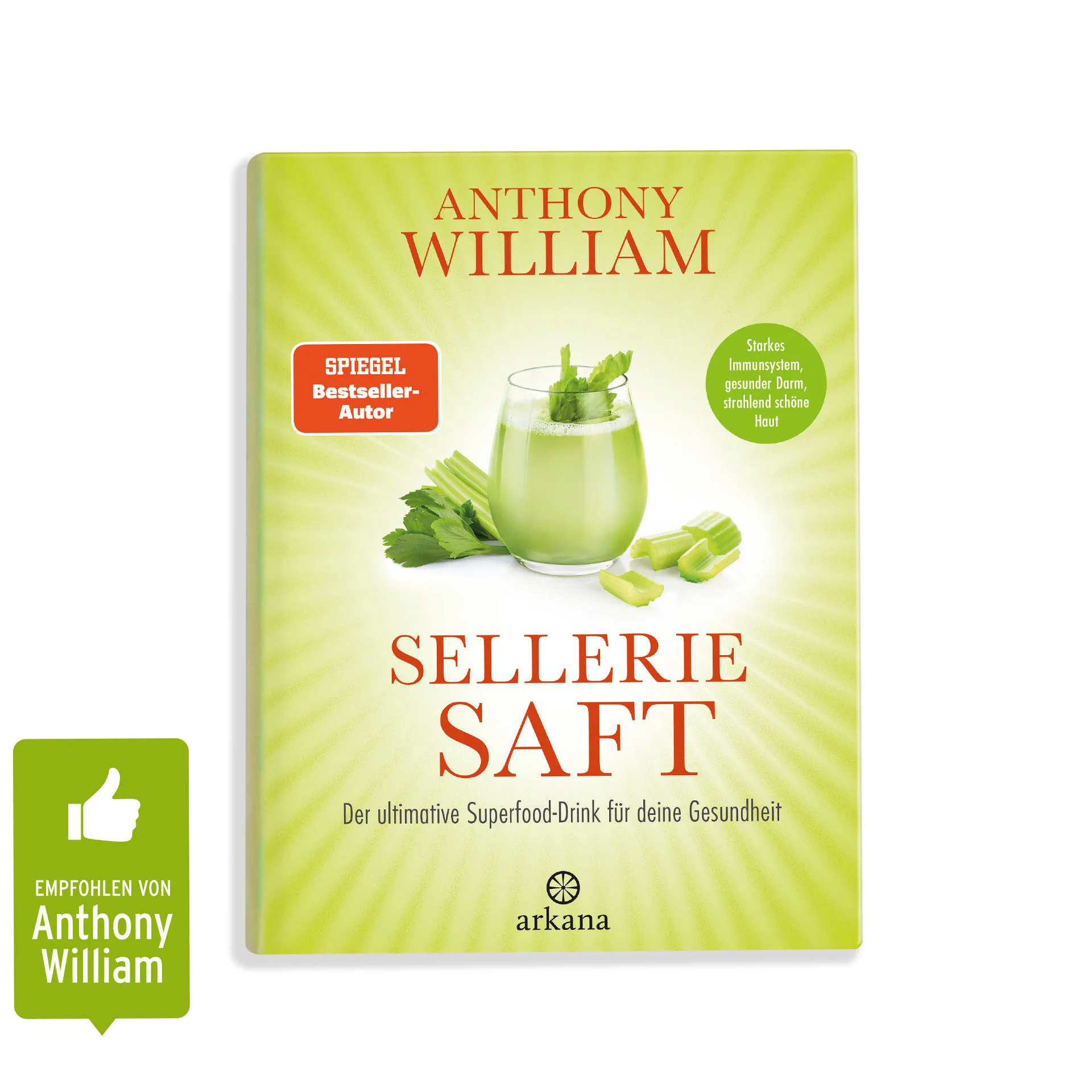 Das Buchcover von "Selleriesaft" von Anthony William, zeigt ein Glas Selleriesaft mit Selleriestangen