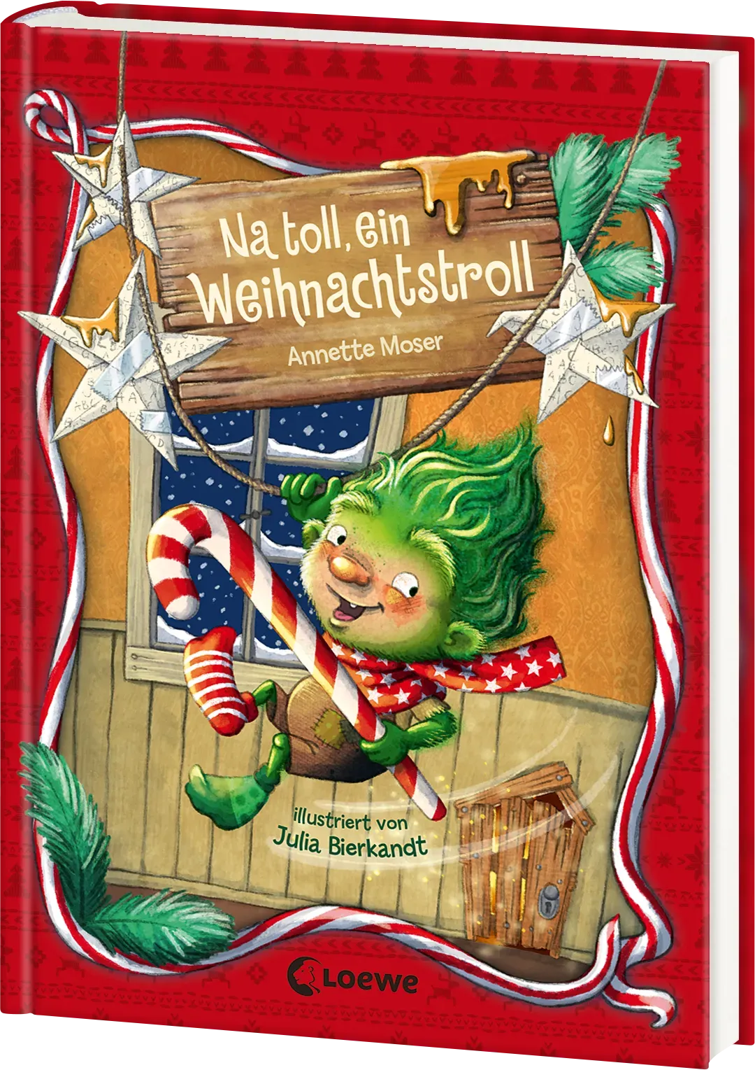 Das Cover eines farbenfrohen Buches, das einen lustigen Weihnachtstroll in einer festlichen Szene zeigt