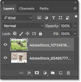 Das Ebenenbedienfeld zeigt jedes Foto auf einer eigenen Ebene.