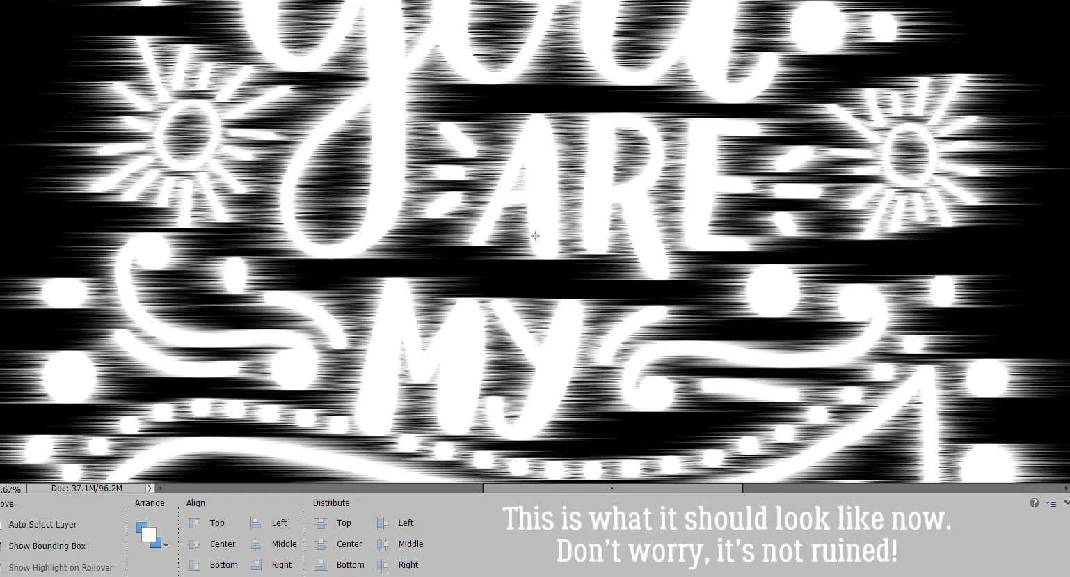 Das Ergebnis nach mehrfacher Anwendung des Wind-Filters, bevor die Farben erneut invertiert werden