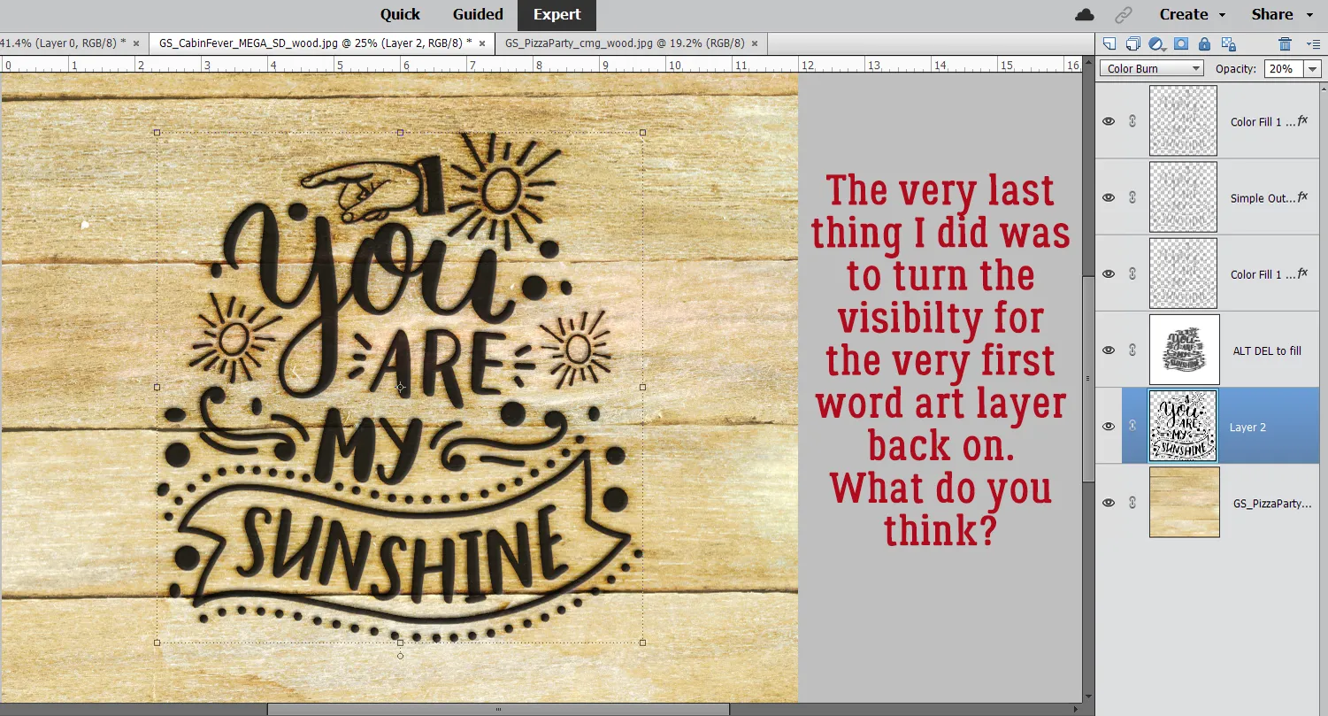 Das fertige Ergebnis des Holzbrenneffekts in Photoshop Elements, inklusive aller angewandten Stile und Anpassungen