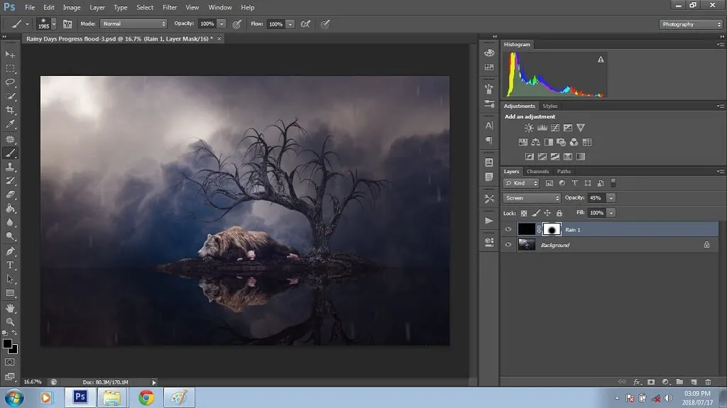Das fertige Photoshop Composite mit Regen- und Nebel-Effekten