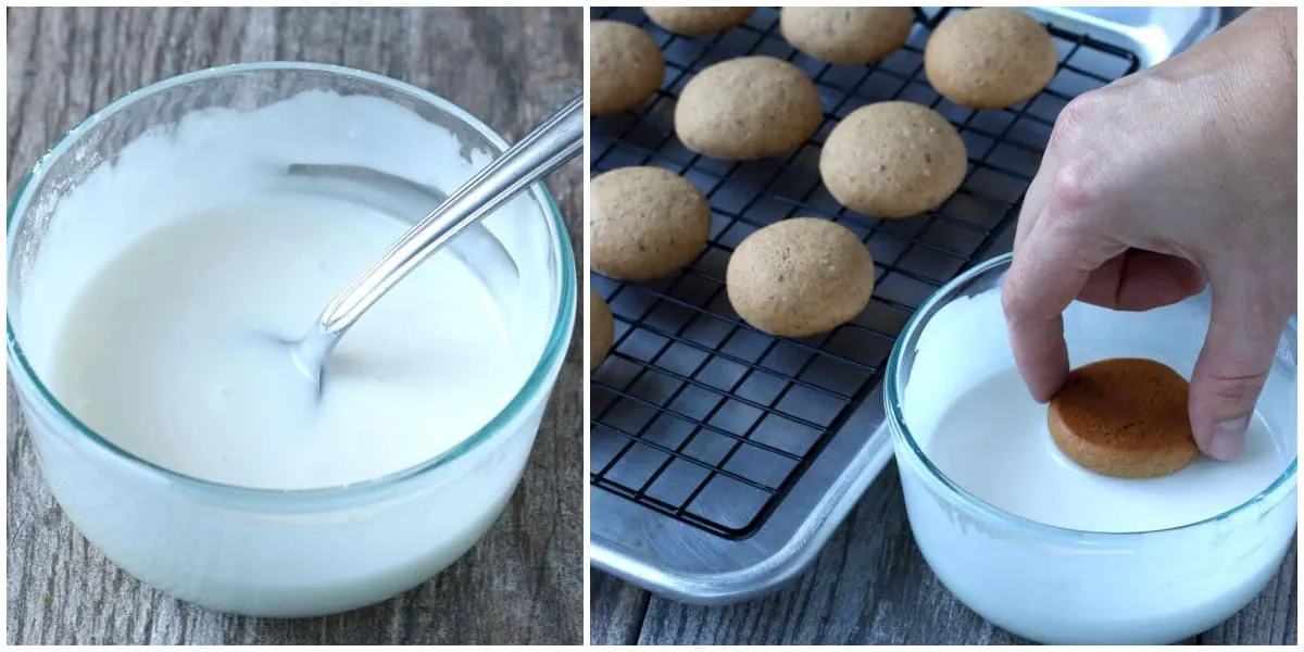Das Glasieren der gebackenen Pfeffernüsse mit Zuckerguss