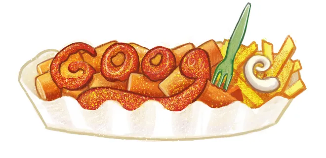 Das Google Doodle zum 100. Geburtstag von Herta Heuwer, der Erfinderin der Currywurst