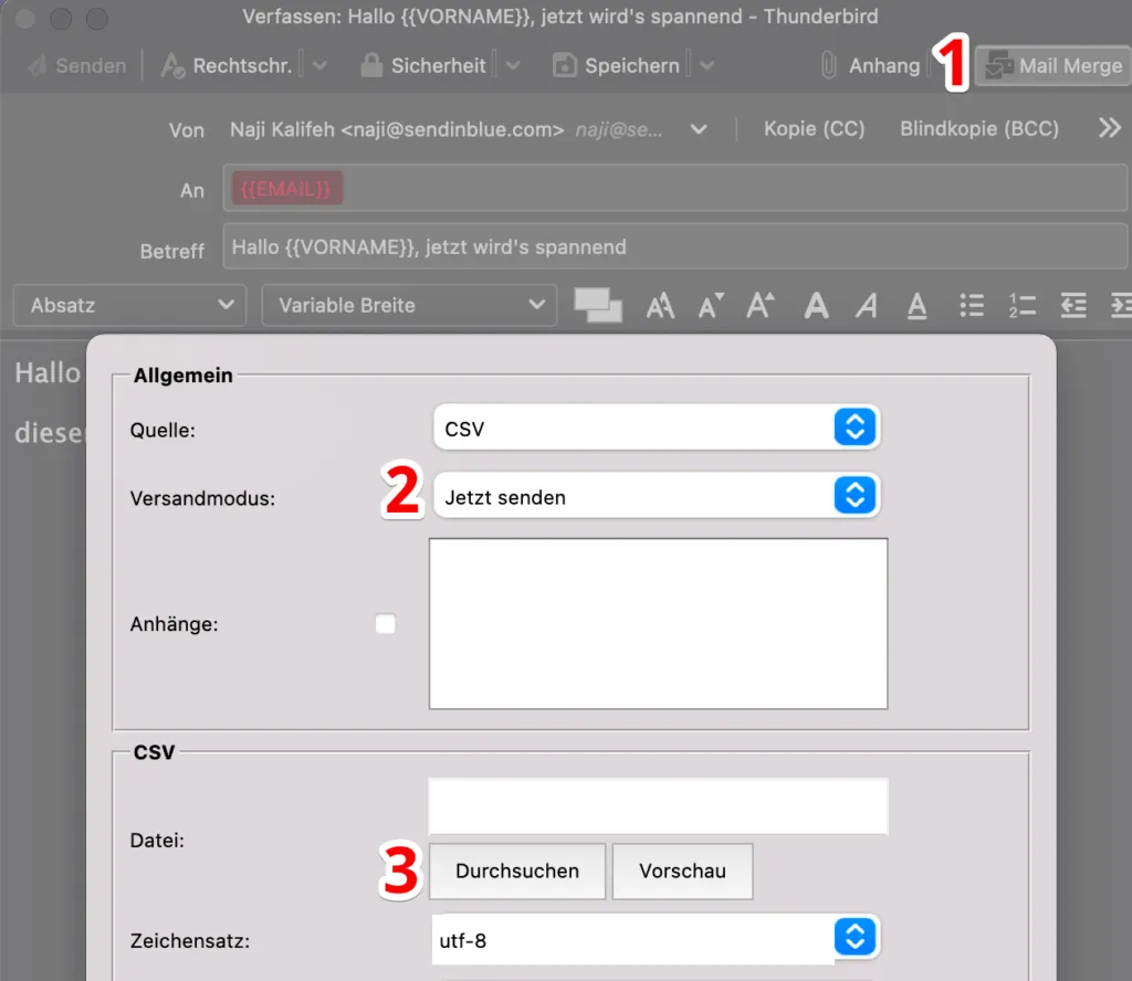 Das Mail Merge Fenster in Thunderbird zur Konfiguration des Serienmail-Versands