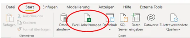 Das Menüband von Power BI Desktop, in welchem die Registerkarte „Start“ und der Befehl „Excel-Arbeitsmappe“ roten eingekreist sind.