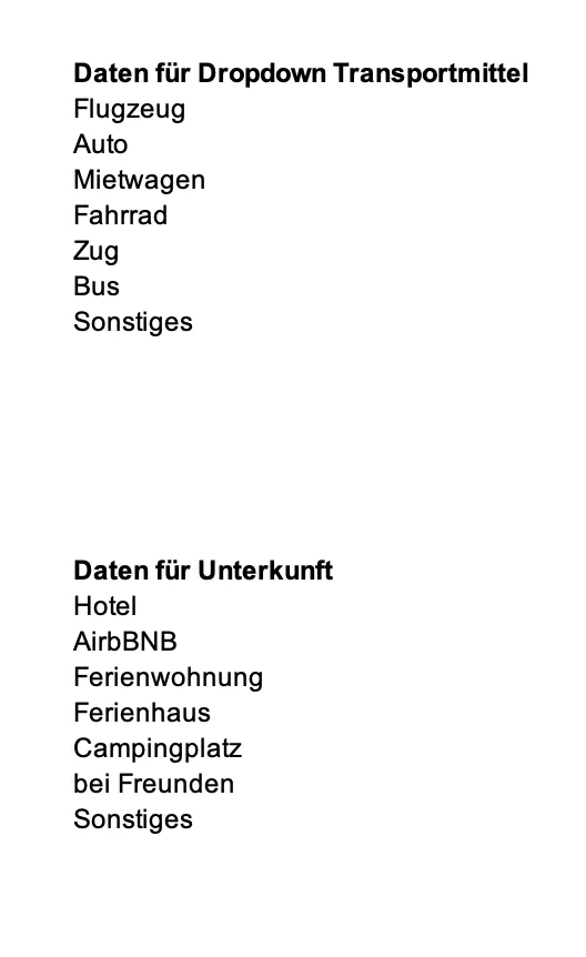Daten für die Dropdownliste