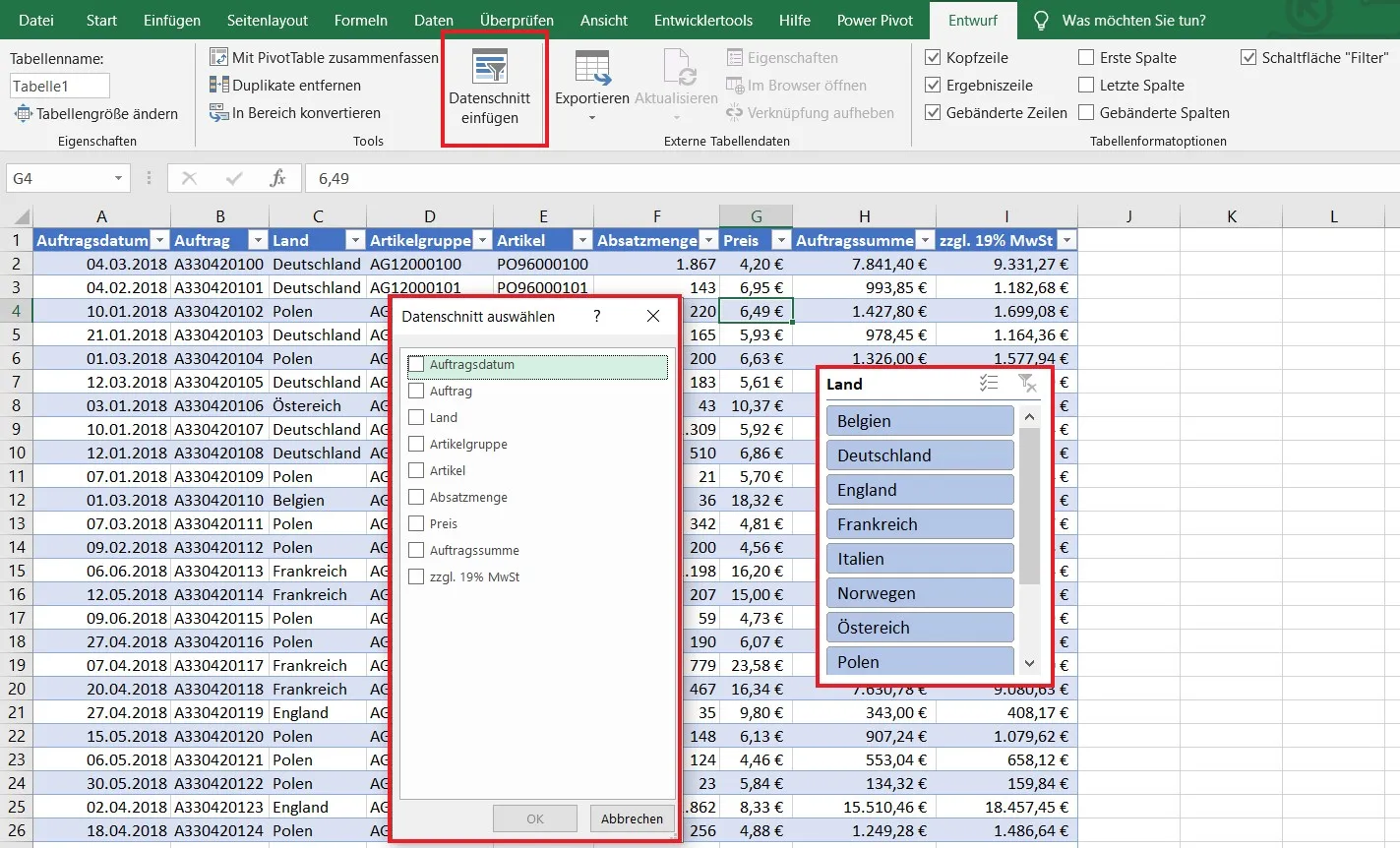 Datenschnitt-Filterfeld neben einer intelligenten Tabelle