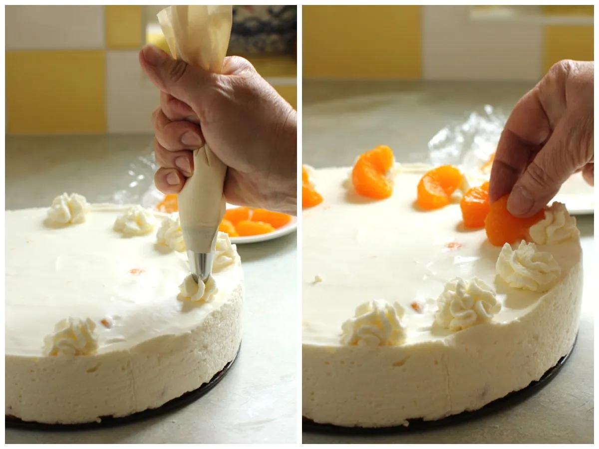 Dekoration der Mandarinen-Sahnetorte mit Rosetten und Mandarinenstücken