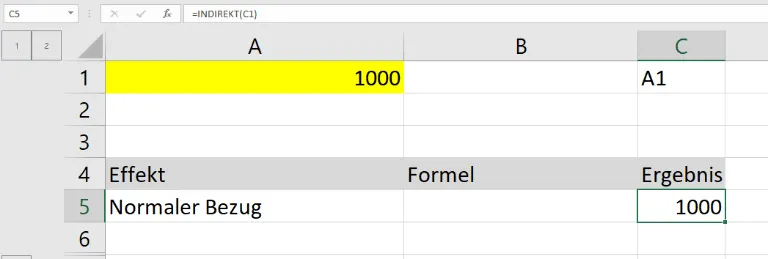 Demonstration der INDIREKT-Funktion, die den Wert aus Zelle A1 über den Textbezug in Zelle C1 in Zelle C5 anzeigt