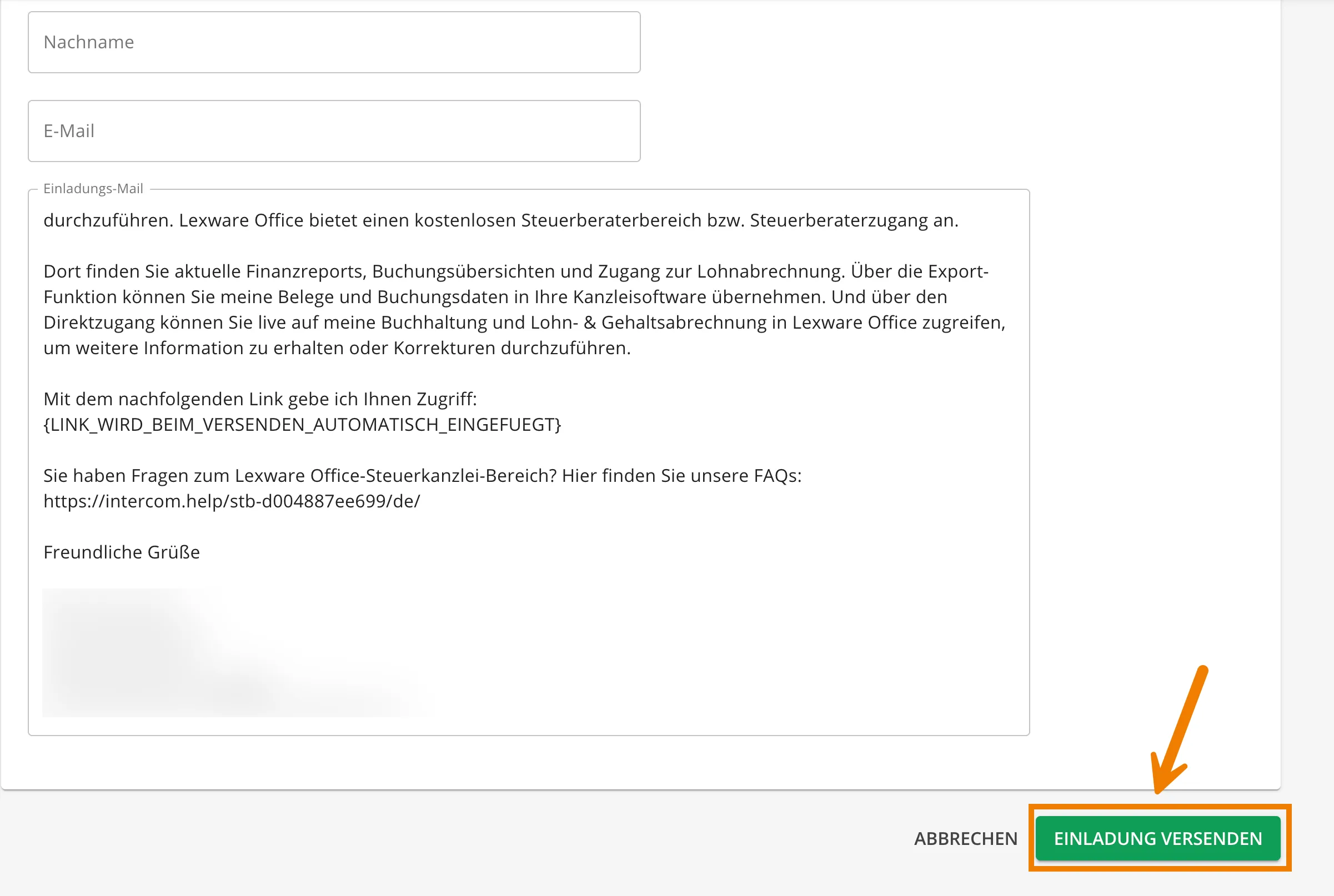 Der Button "Einladung versenden" in einem lexoffice-Dialogfenster.