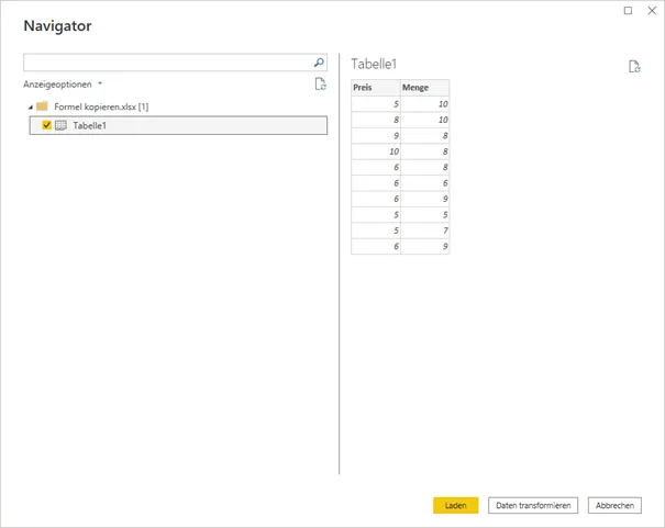 Der Dialog „Navigation“ aus Power BI Desktop, der rechts eine Vorschau auf die Excel-Daten zeigt. Links ist ein Häkchen vor dem Arbeitsblattnamen gesetzt.