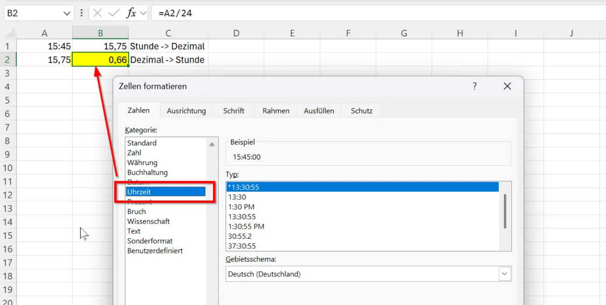 Der Dialog "Zellen formatieren" ist geöffnet, und im Reiter "Zahlen" ist die Kategorie "Uhrzeit" ausgewählt.