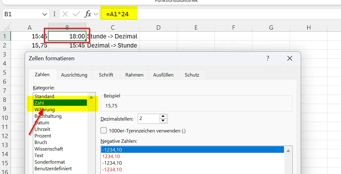 Der Dialog "Zellen formatieren" ist geöffnet, und im Reiter "Zahlen" ist die Kategorie "Zahl" ausgewählt.