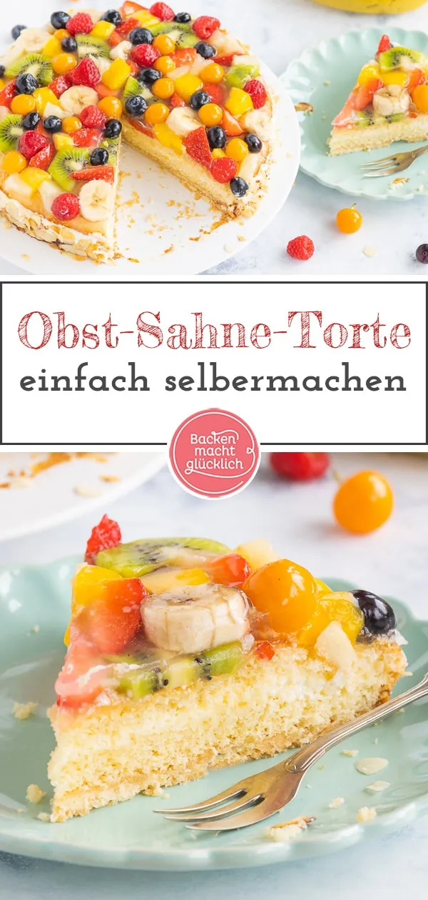Der fertige Obst Geburtstagskuchen mit einem bunten Obstbelag