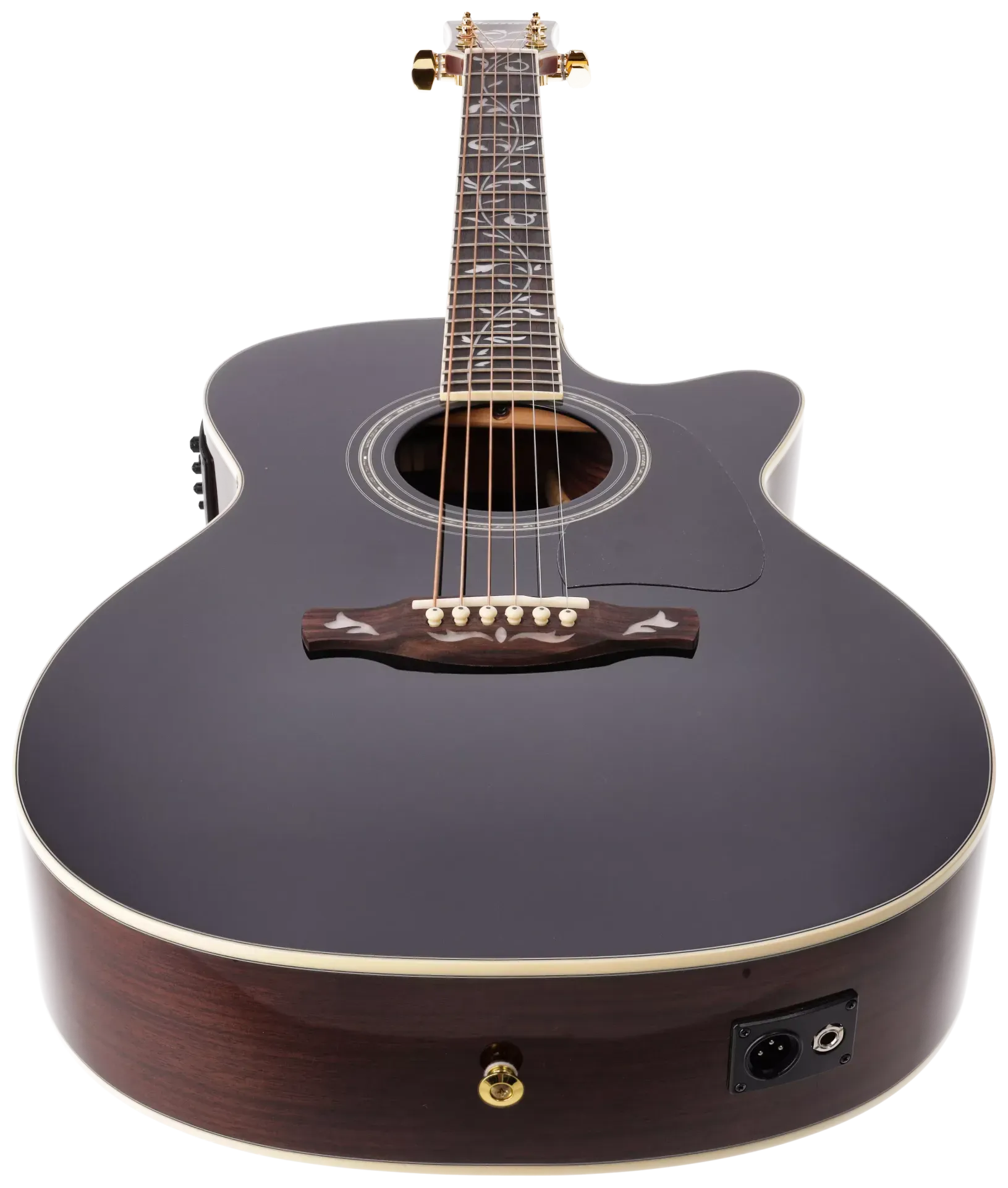 Der Kopf einer Ibanez Akustikgitarre mit Stimmwirbeln und Logo