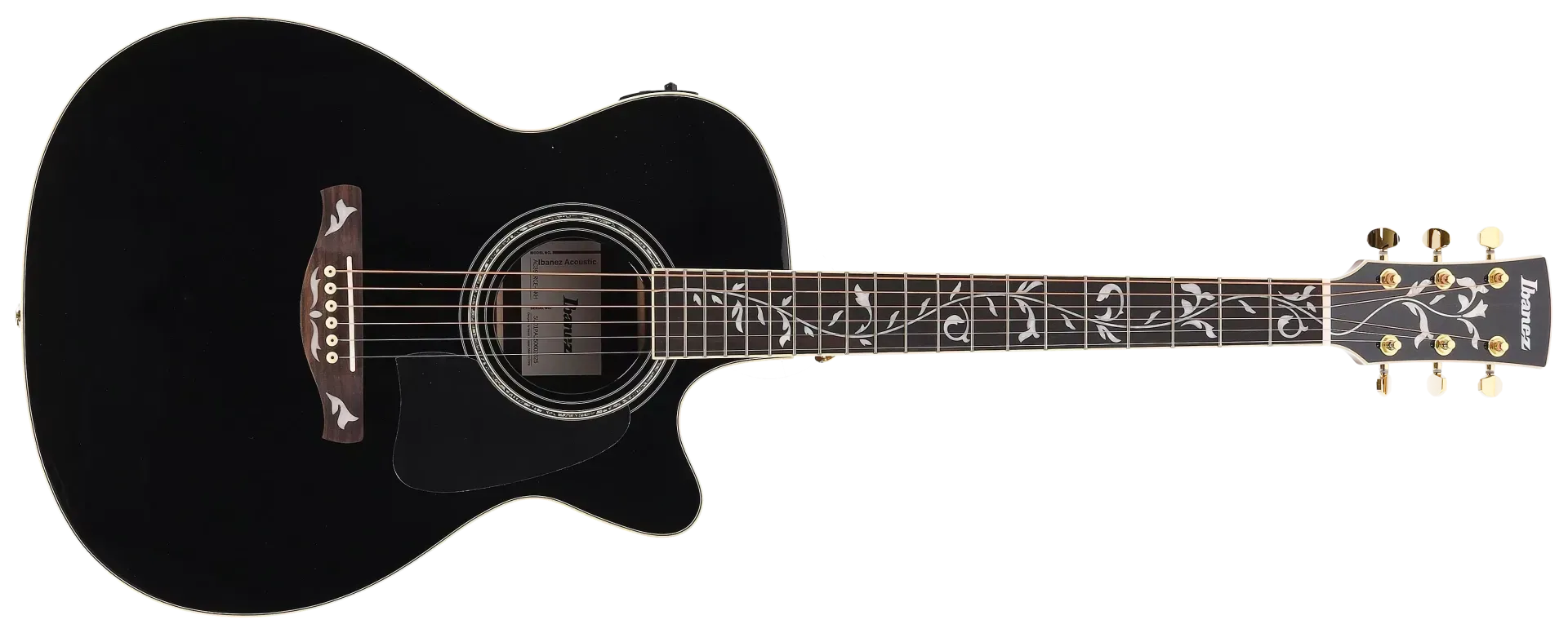 Der Korpus einer schwarzen Akustikgitarre mit Saiten und Schallloch