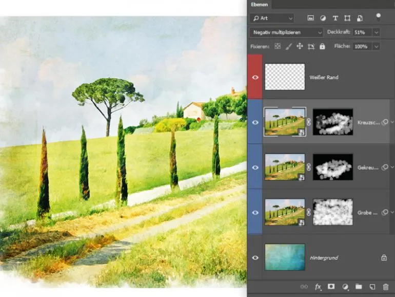 Der 'Kreuzschraffur'-Malfilter wird auf ein Bild angewendet, um eine skizzenhafte Optik zu erzielen